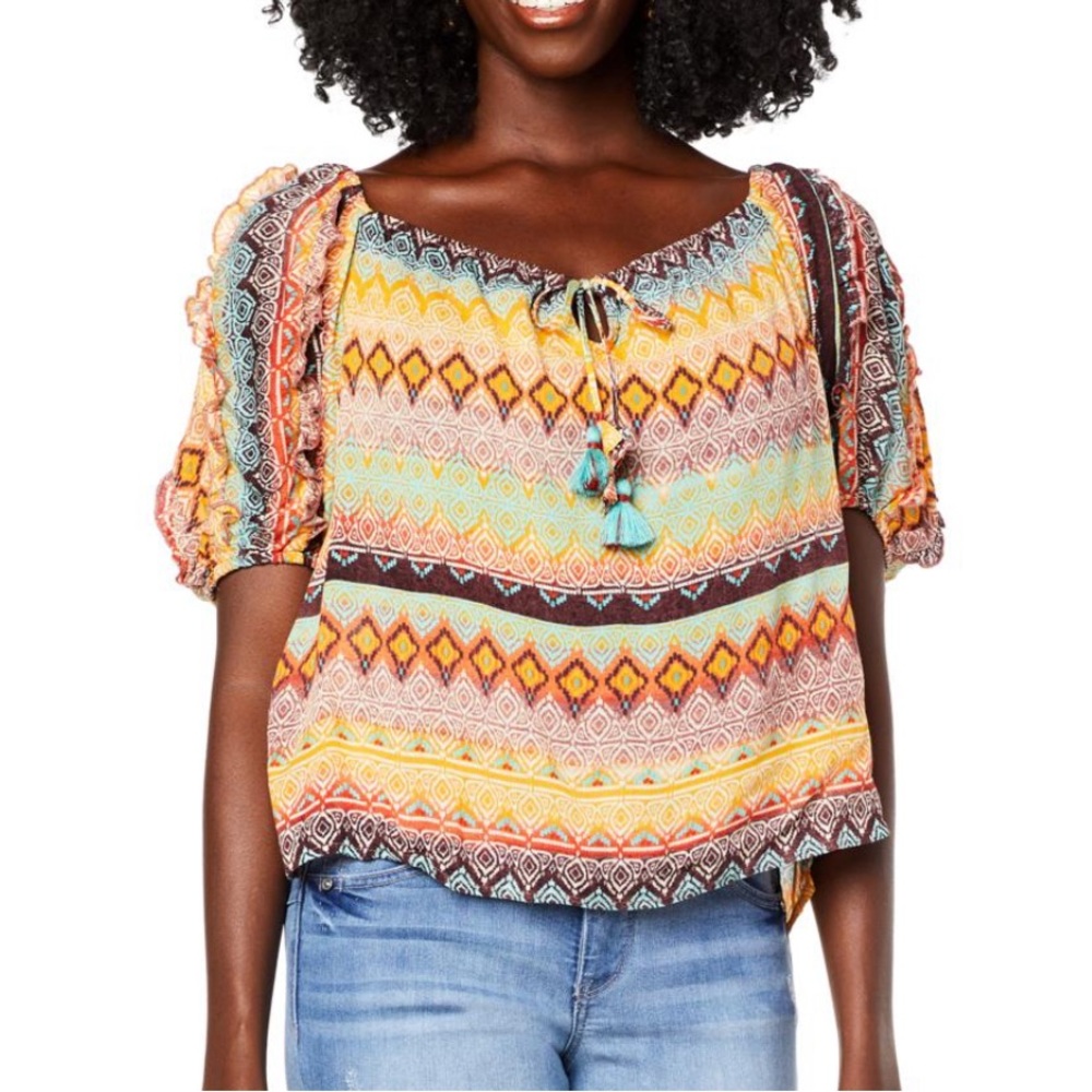 NWT Democracy Boho Printed Ruffle Sleeve Top Tassle Ties PS